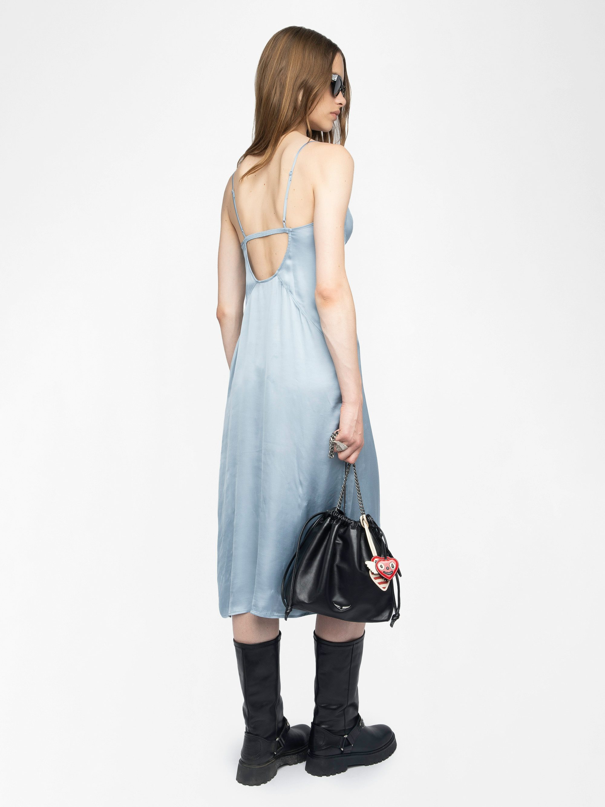 Rialta Satin Dress - Lingerie-inspired viscose satin dress with back neckline and French lace.